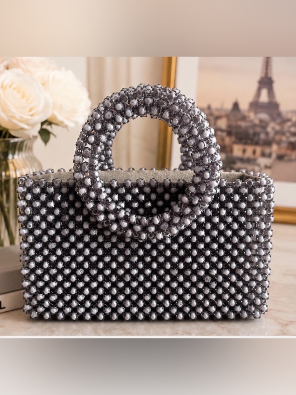 Beaded Pearl-Embellished Top Handle Bag in Silver